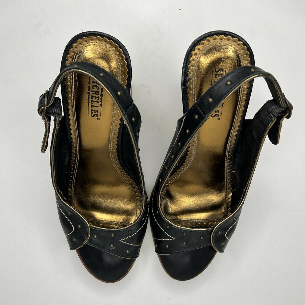 Seychelles Size 7 Singback Open Toe‎ Black Leather Wood Block Heel Studded - Picture 7 of 11